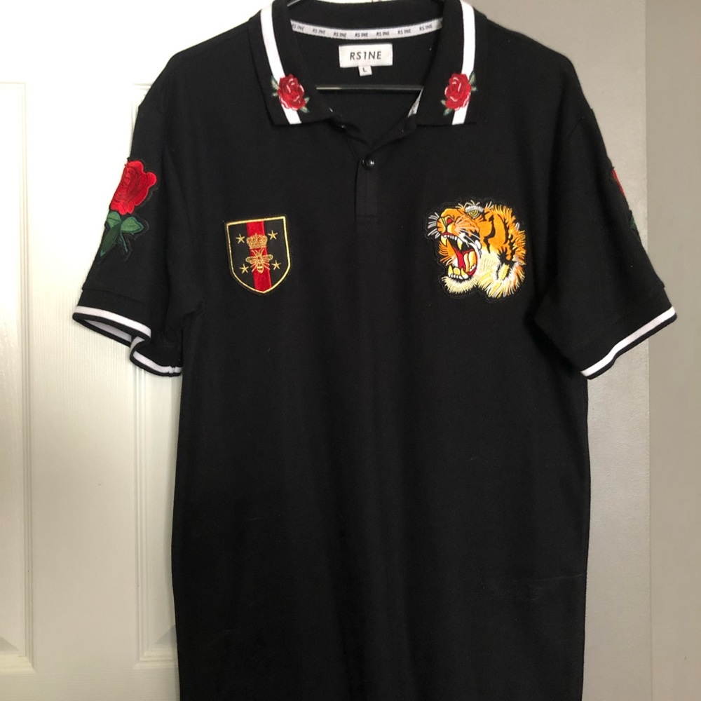 RS1NE Rose and Tiger Patch Polo Shirt